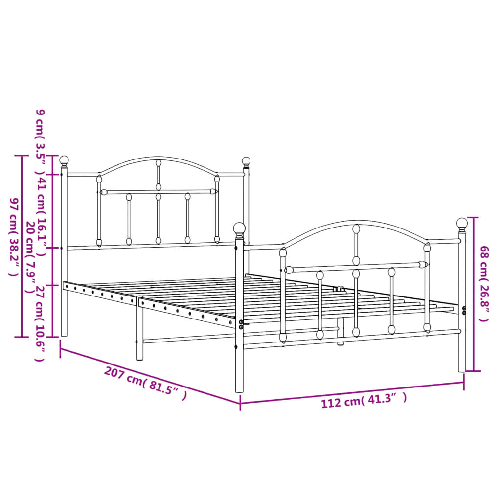 Metal Bed Frame with Headboard and Footboard Black 107x203 cm