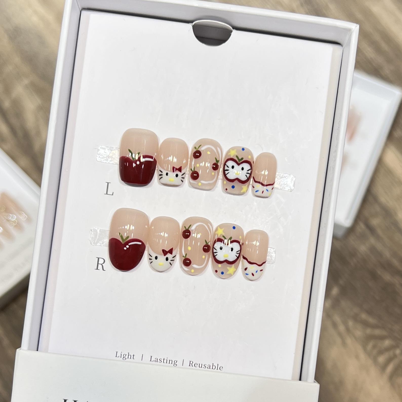 

Hand-Painted French Cat Nails: Cute, Wearable Cartoon Manicure Pieces. Small S