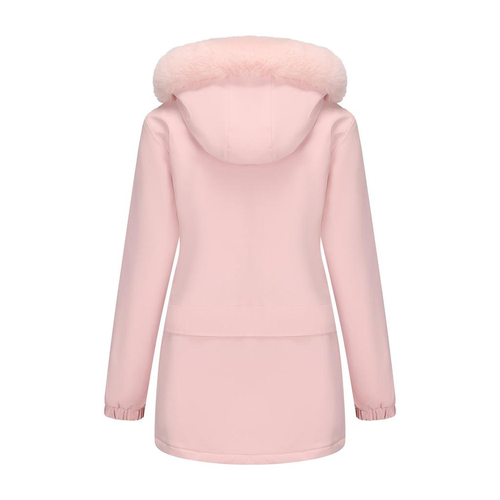 Women’s Parka Coats Faux Fur Hooded Fleece Lining Zipper Warm Cotton Jackets Mid-length Puff Outerwear Winter Clothes
