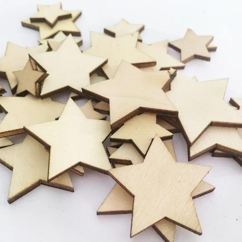 100pcs/lot Unfinished Wooden Stars Ornaments, Assorted Size Cutout Blank Wood Pieces Star for Christmas Wedding Party DIY Crafts