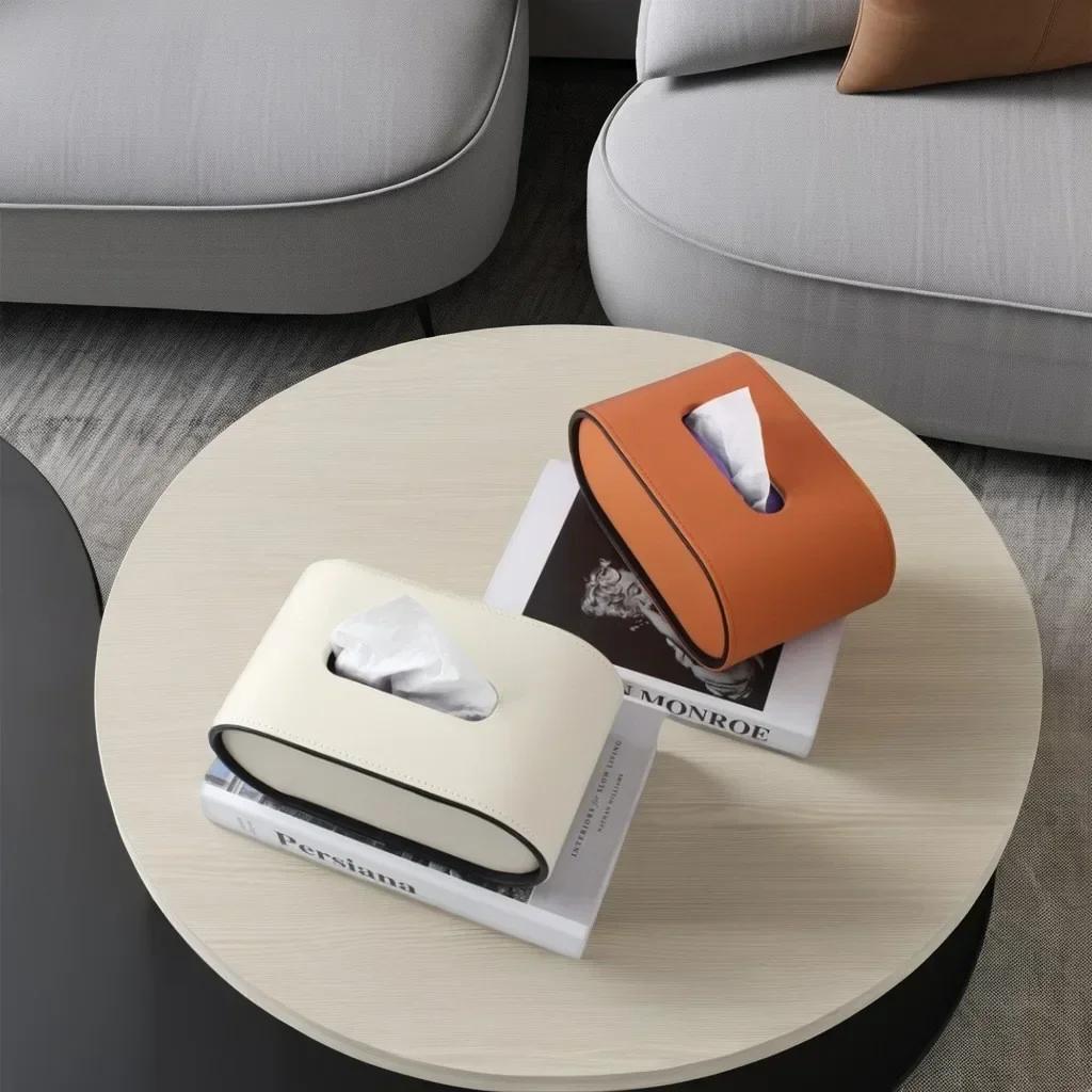 Tissue Box Paper Box Light Luxury Living Room Creative Toilet Paper Case Leather Bedroom Desktop Napkin Storage Box Organization