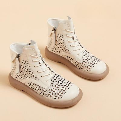 Lederstiefel Damen 2025 Retro Leder Hohlstiefel für Damen Plateausohle Doppelseitiger Reißverschluss Lässige kurze Stiefel Damenschuhe