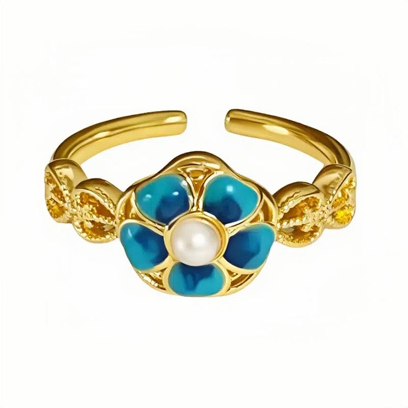 Medieval Gold High-End Elegant Enamel Open Ring Cold Wind Light Luxury Flower Index Finger Ring Female