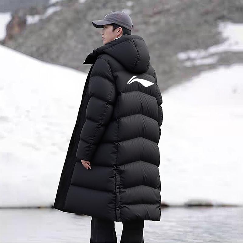 Li-Ning 2025 Winter Long Knee-Length Warm Hooded Sports Jacket Cotton Fashion Simple Comfortable Trendy Long Cotton Coat Unisex outerwear AFMU037-10