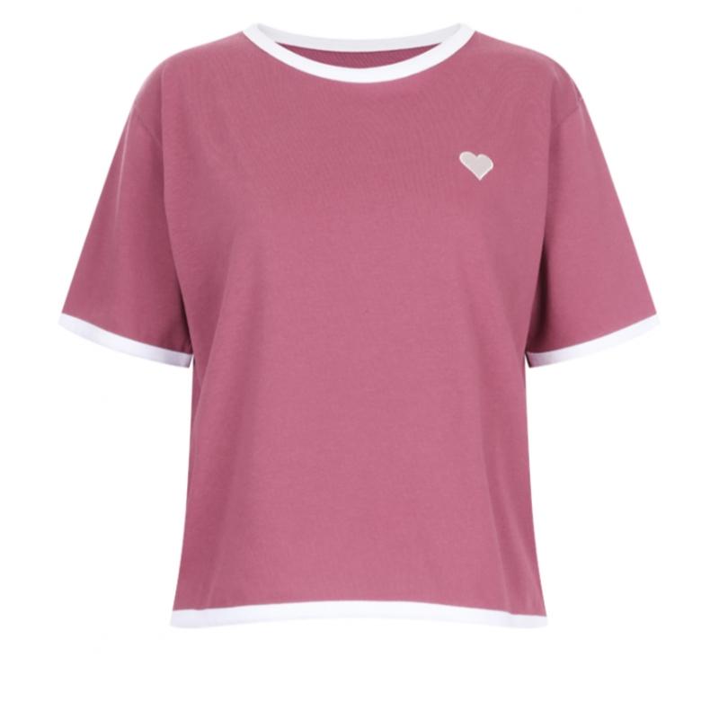 Shop   Women Color Block Round HearT Embroidery ShorT Sleeve T shirT Dai Wsh 205