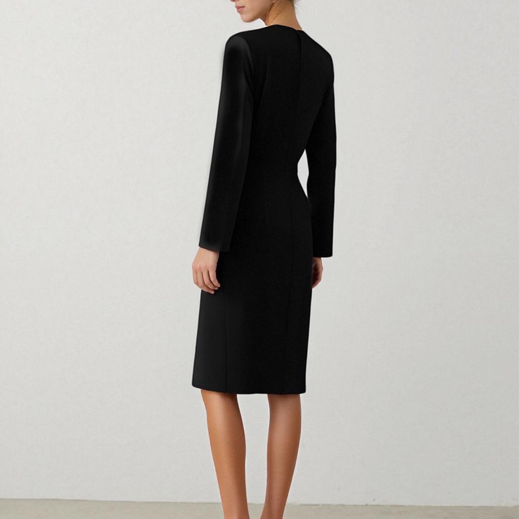 Women's Fashionable Long Sleeved Mature Color Round Neck Cinched Waist Slit Metal Button Zipper Dress