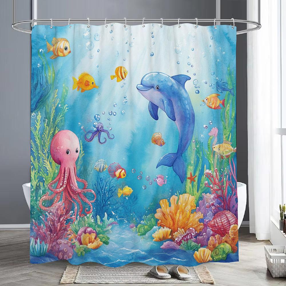Ocean Animal Shower Curtain, Underwater Turtle Seahorse Octopus Coral Love Fish Blue Kids Modern Bathroom Decorative Curtain Set 90x180cm-35x70in
