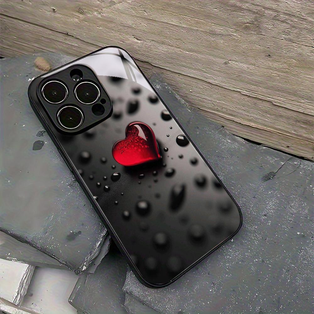 Red Heart Shape Glass Phone Case For iPhone 16 15 14 13 12 Pro Max Max Hard Shockproof Glossy Glass Back Cover Phone Shell