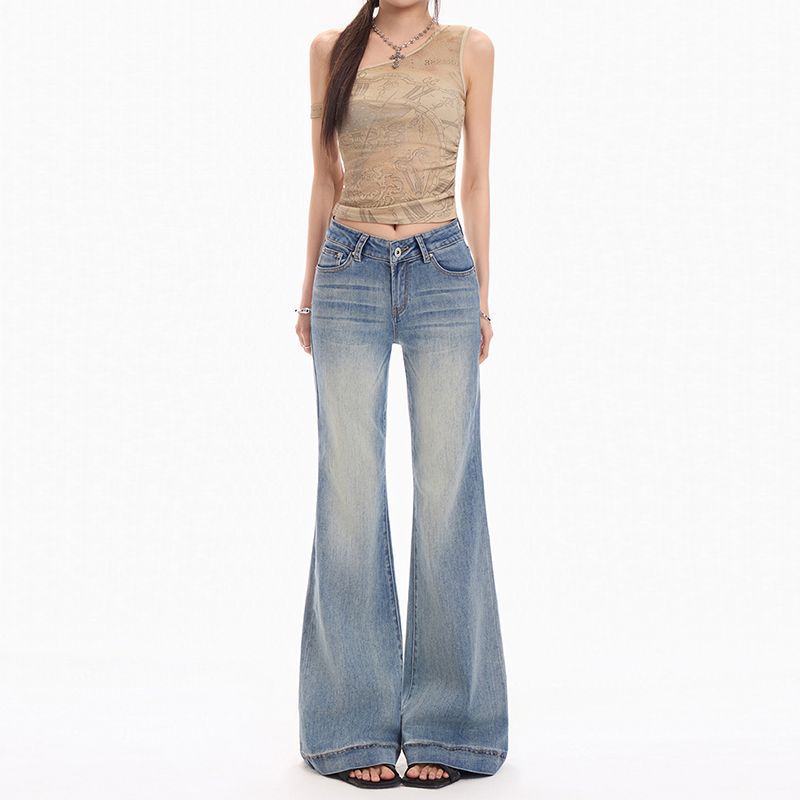 Spring Summer Vintage Low Waist Slim Micro Flare Denim Pants For Women Casual Pants Oversize Denim Trousers