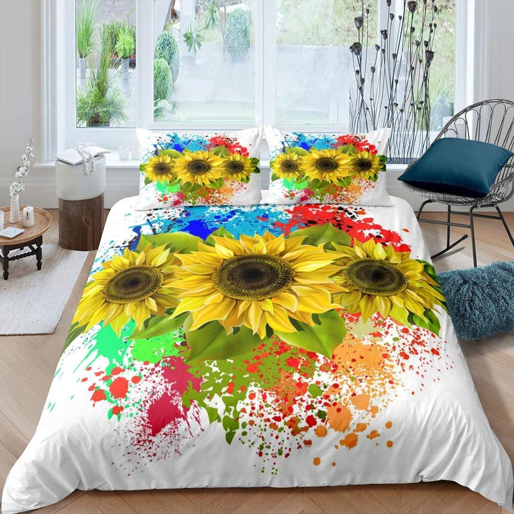 Sunflower Duvet Cover Set Polyester Comforter Cover Pink Tie Dye Bedding Set Yellow Petal Floral For Kids Girls Women King Size