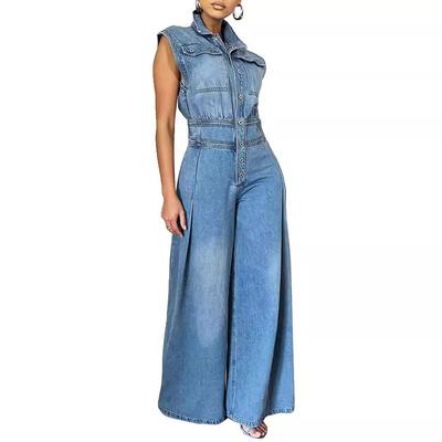 Vintage Loose Denim Wide Leg Pants Jumpsuit Women Pocket Sleeveless Single Breasted Baggy Jean One Piece Rompers Street Overalls