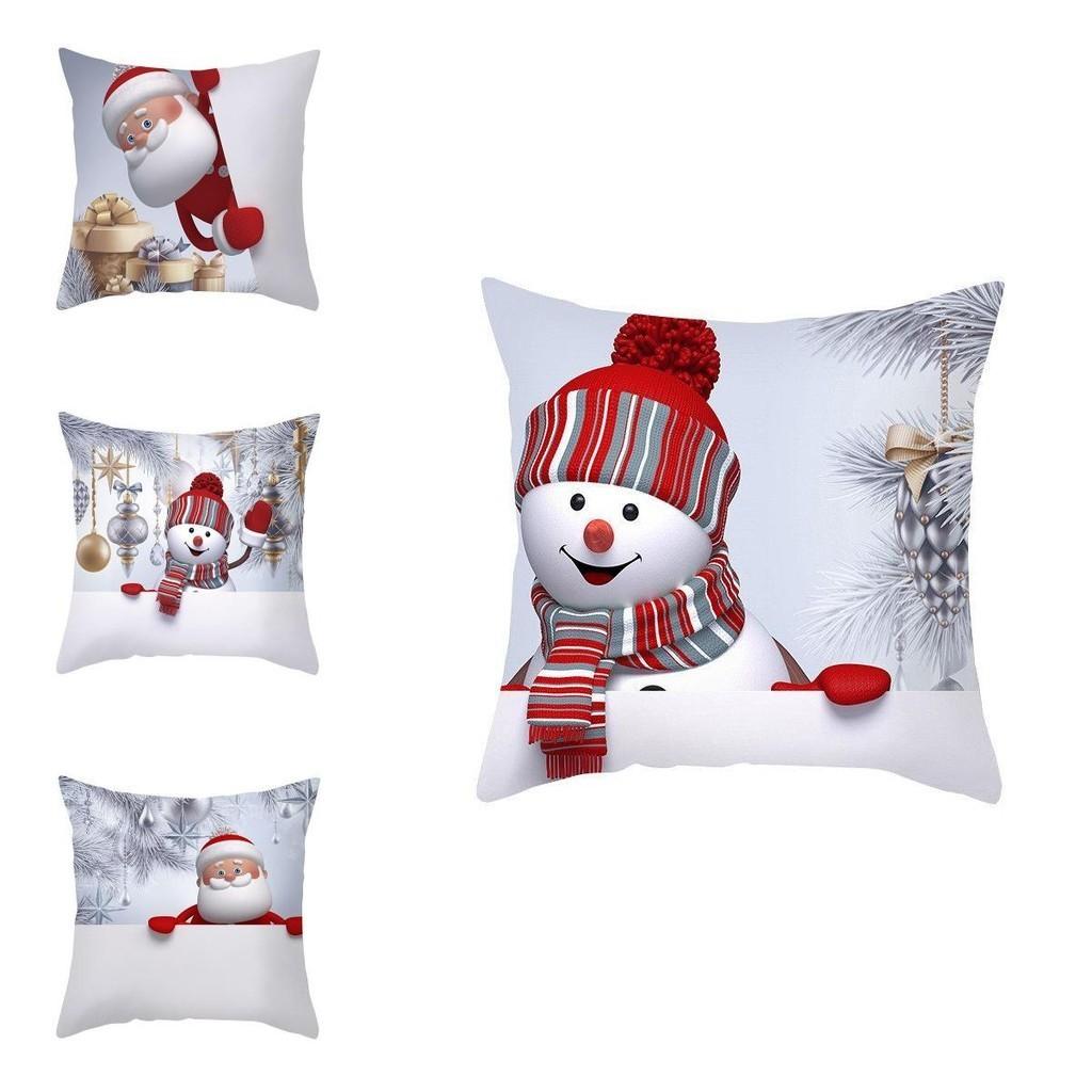 Delightful 18" Christmas Cushion Cover With Santa Claus And Snowman For Festive Sofa Decor