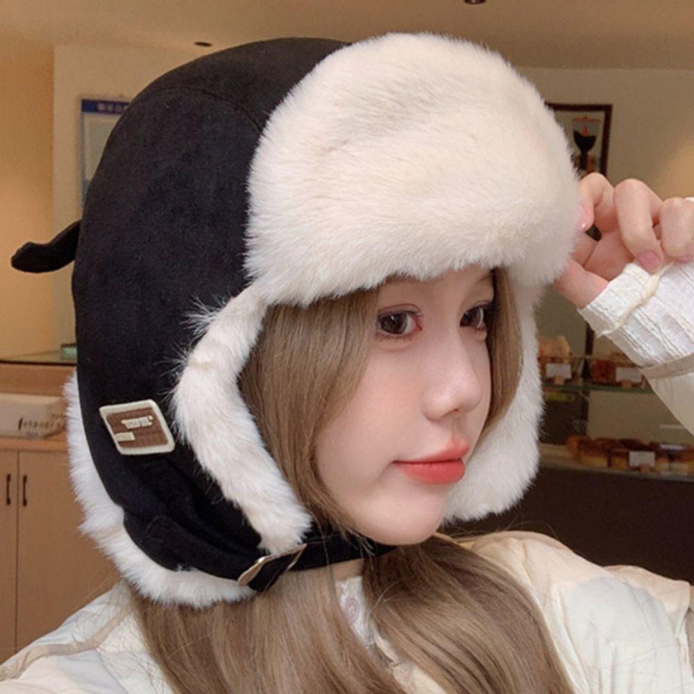 Thickened Ear Protective Hat Solid Color Women Plush Hat Fashion Winter Pilot Hat  Student