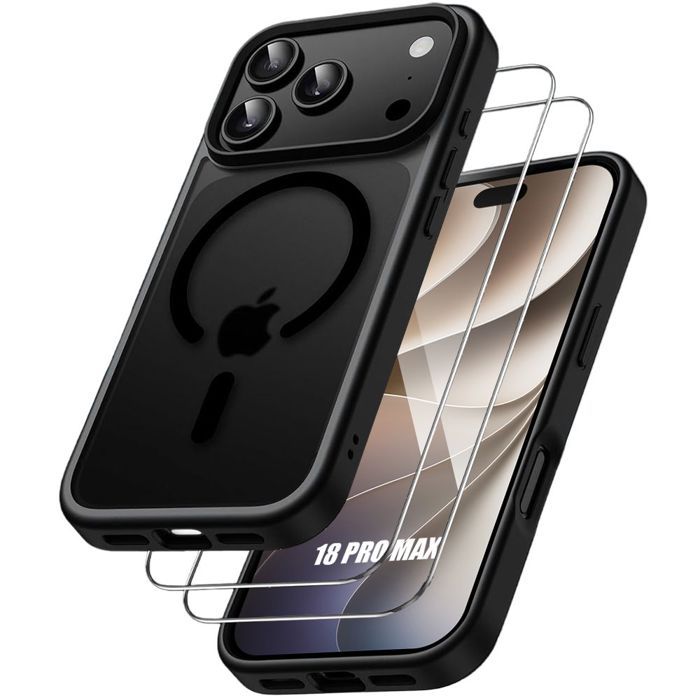 Coque + 2 Verres Trempés pour iPhone 18 Pro Max, Antichoc avec Cercle Magnétique - Translucide Noir