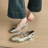 French Mary Jane women's shoes 2025 new summer fashion temperament silver thick heel single shoes with skirt small leather shoes