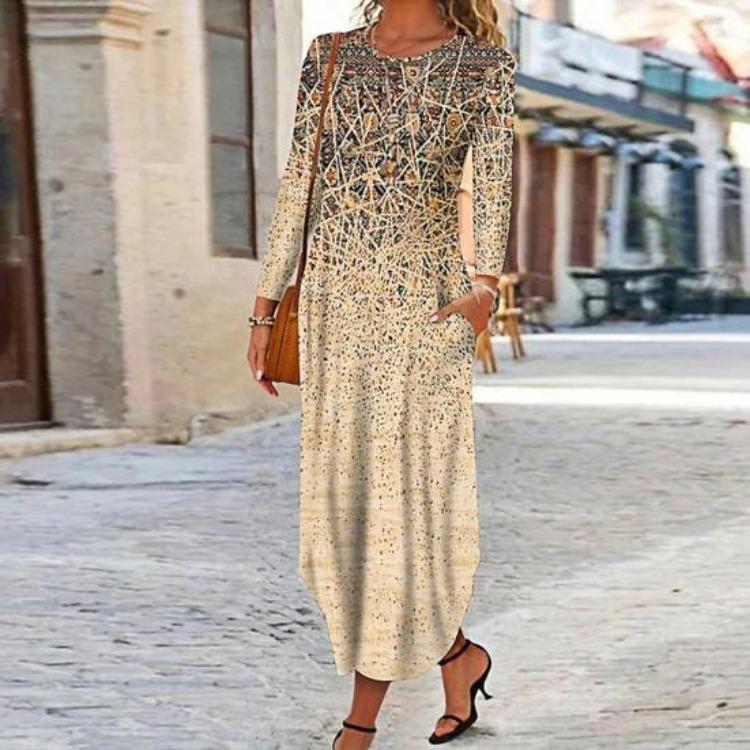 Long Sleeve Maxi Dress with Pockets Women Loose A Line O Neck Printing Dress for Dating Commuting Spring Fall Irregular Hem