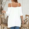 Women Blouse V-Neck 3/4 Sleeves Off Shoulder Straps Pullover Tops Asymmetric Lace Splicing Pure Color Mid-length Summer Tops