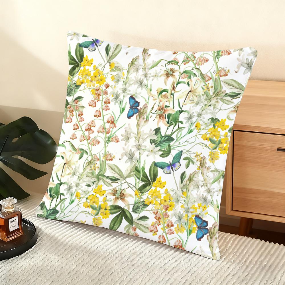 Spring Flower Print Cushion Cover Soft Short Plush Pillow Cover Smooth Cozy Texture Aesthetic Cushion Case Home Decor