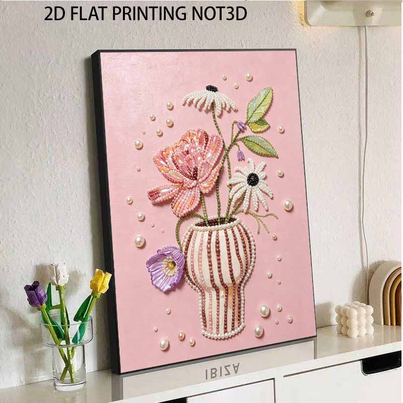 Einfaches DIY-Rahmen-Perlenmalerei-Set mit schöner rosa Blumenvase 3D-Glitzer-Leinwandkunst für Heimdekoration Geschenkidee