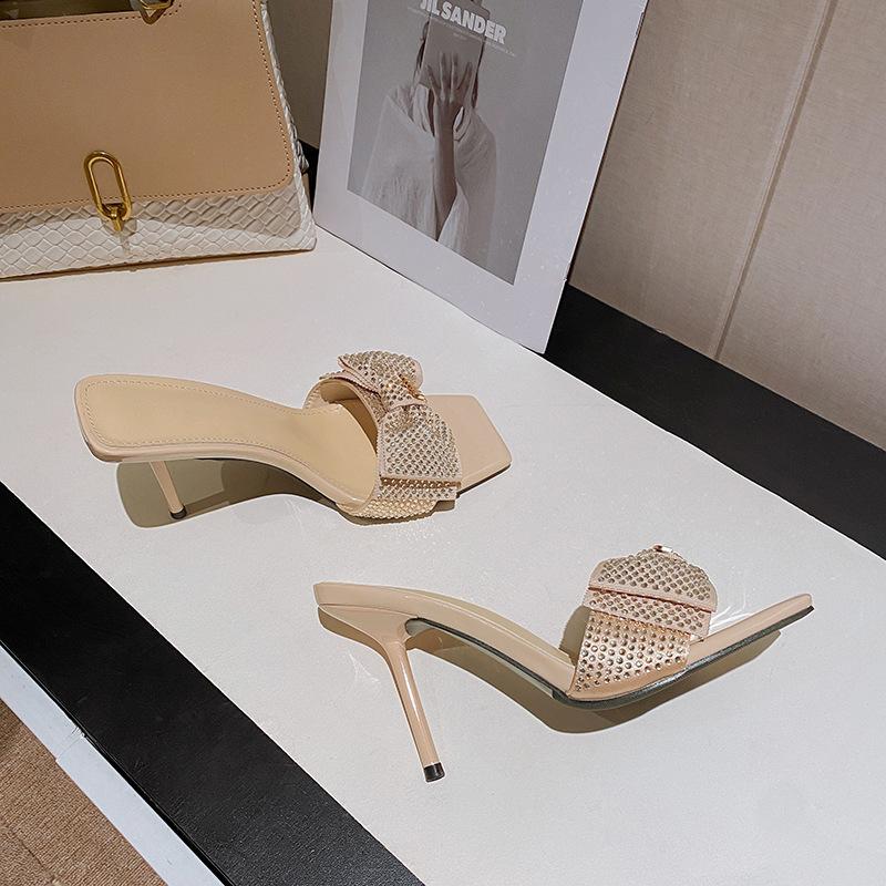

2025 summer new fairy wind bow slippers square head rhinestone thin heel nude word with high heel sandals women 40