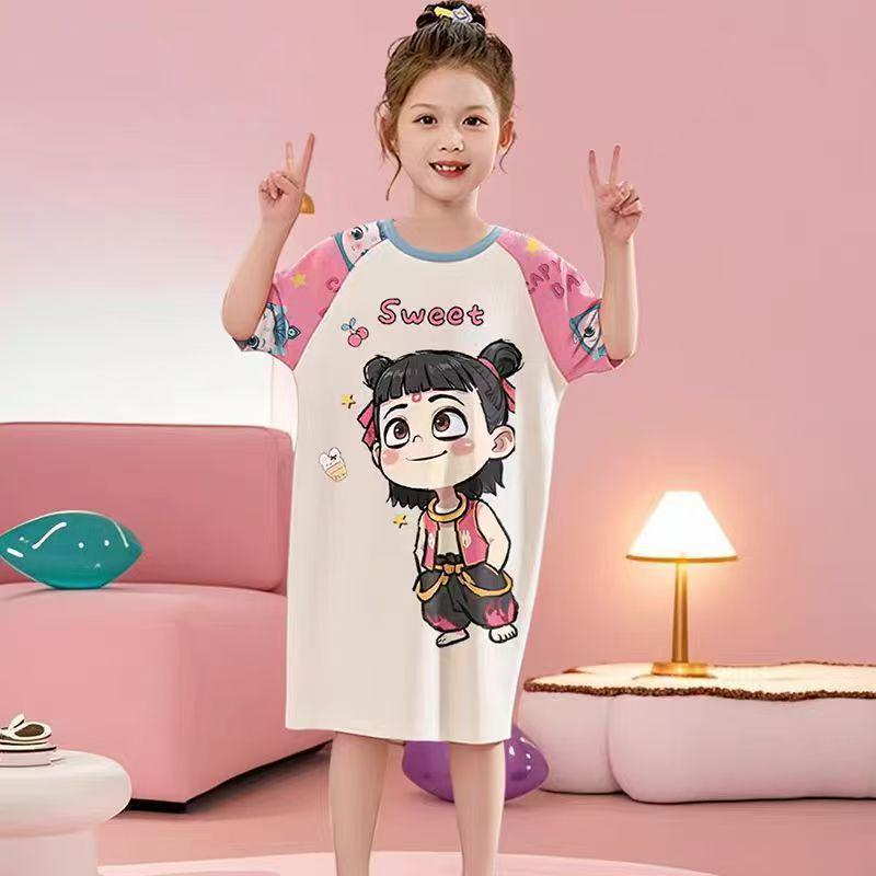 Girls' Summer Princess Pajama Dress - Short Sleeve, Loose Fit, Lightweight Sleepwear for Kids.