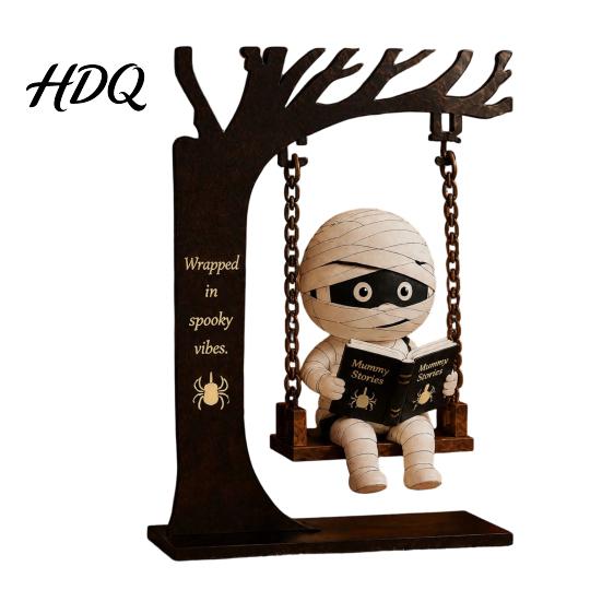 Scary Halloween Window Hangings Funny Swing Ornament Witch/Skeleton/Mummy/Pumpkin Ghost Sitting on Haunted House Theme Decorations Reading