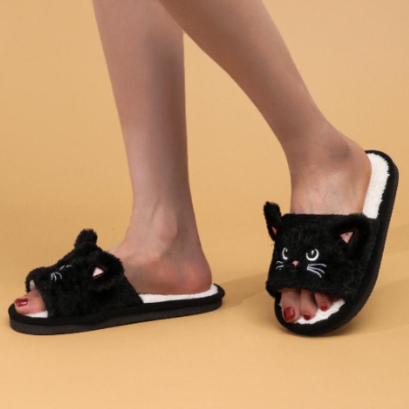 Women's Cute Cat Open-Toe Slippers Home Comfortable and Casual Slipper for Autumn and Winter