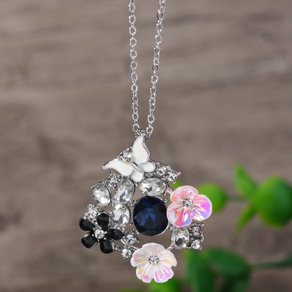 European Retro Bohemian Rhinestone Butterfly Flower Necklace for Women