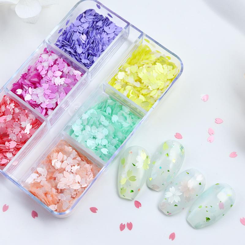 6/12 Grids Cherry Blossom Petals Nail Art Glitter Sequins Holographic Nail Flakes Sequin Mixed Iridescent Powder Nail Decoration