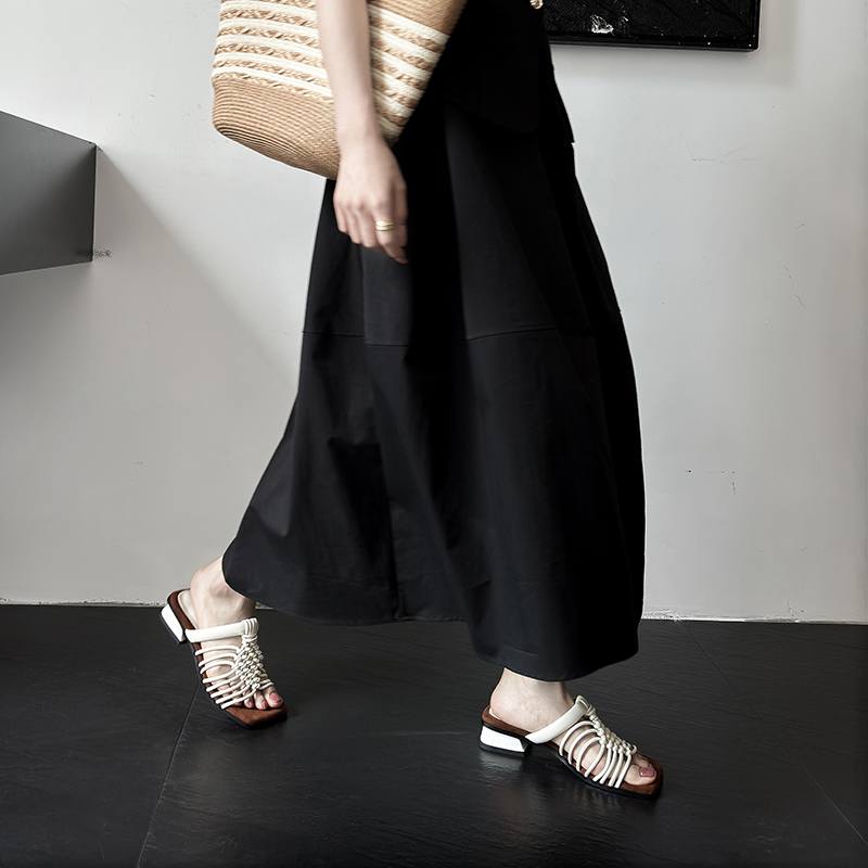 Krazing Pot Straw Weaving Summer Size 40 High Quality Slip on French Chic Thick Heels Women Peep Toe Sandals