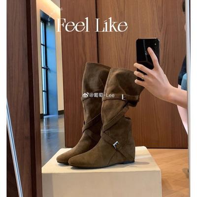 Height Increase Cm~ Round Head Buckle with Soft Pleated Thin Medium Boots Women's High-heeled Boots