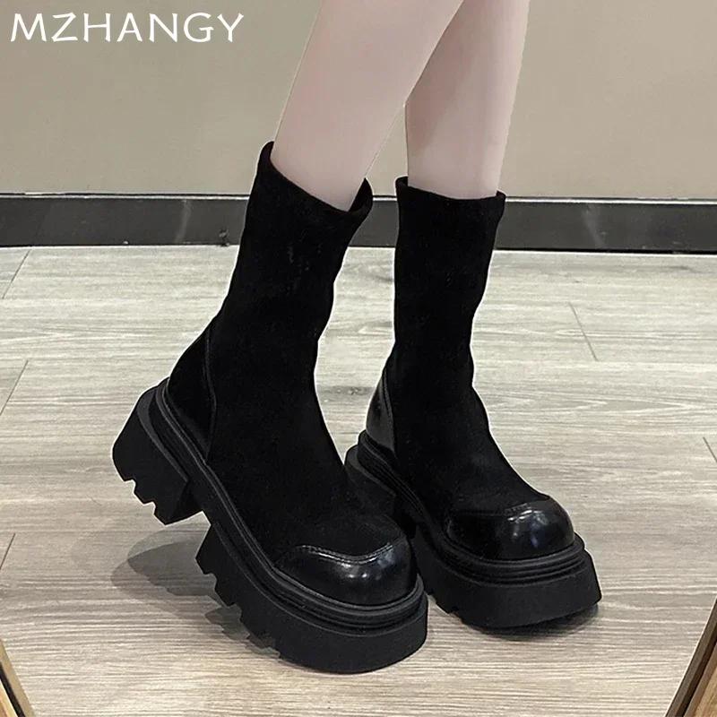 Damen Schnee Plateau Stiefel Wildleder Flats Mid Calf Schuhe 2024 Trend Leder Goth Stiefel Neue Damen Pumps Mode Winter Dame Reißverschluss Schuhe