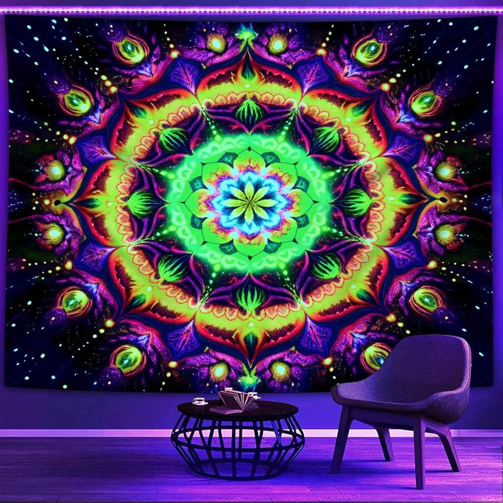 Blacklight Trippy Mandala Tapestry, Boho Black Light Posters for Adults UV Reactive Room Decor for Bedroom Wall