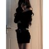 Y2K One-Shoulder Black Knit Dress: Sexy Autumn/Winter Bodycon Mini for Mature Women