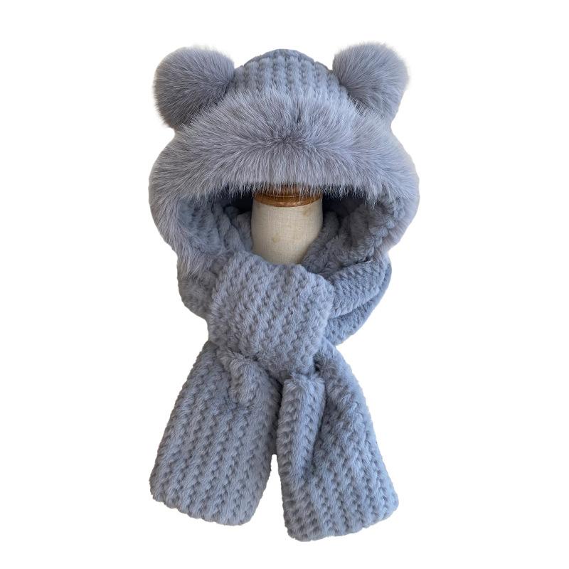 Cute Mao Mao Ears Integrated Hat Scarf Gloves Three-piece Set Women's Winter Cycling Warm Versatile Windproof Ear Cap