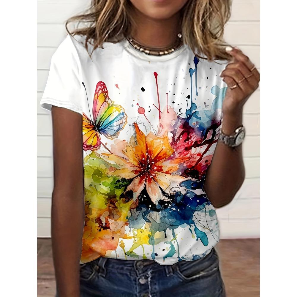 Women's Fashion Oil Floral Pattern Fashion Short Sleeve Round Neck Top Casual