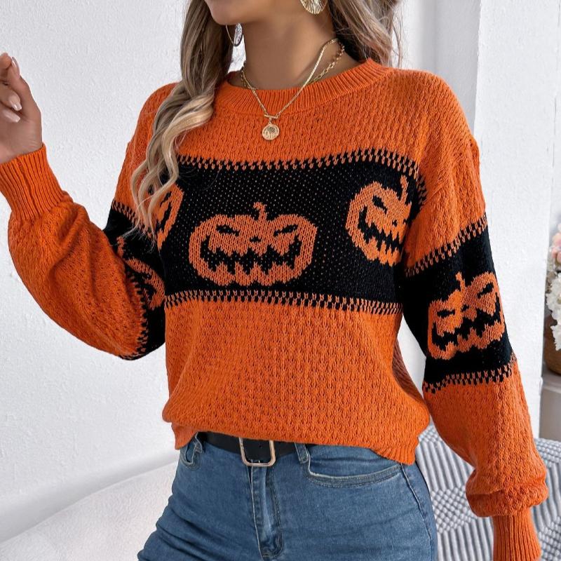 Autumn Winter Halloween Pumpkin Print Pullovers Sweaters Women Long Sleeve Casual Woman Sweater Elegant Round Neck Loose Warm Ladies Knit Jumper 25366