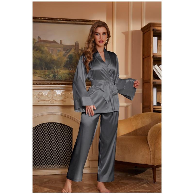 Set Pijama Mătase Femei Primăvară Vară Elegant Culoare Solidă Haine de Dormit Halat Pantaloni Lungi Haine de Casă Set 2 Piese