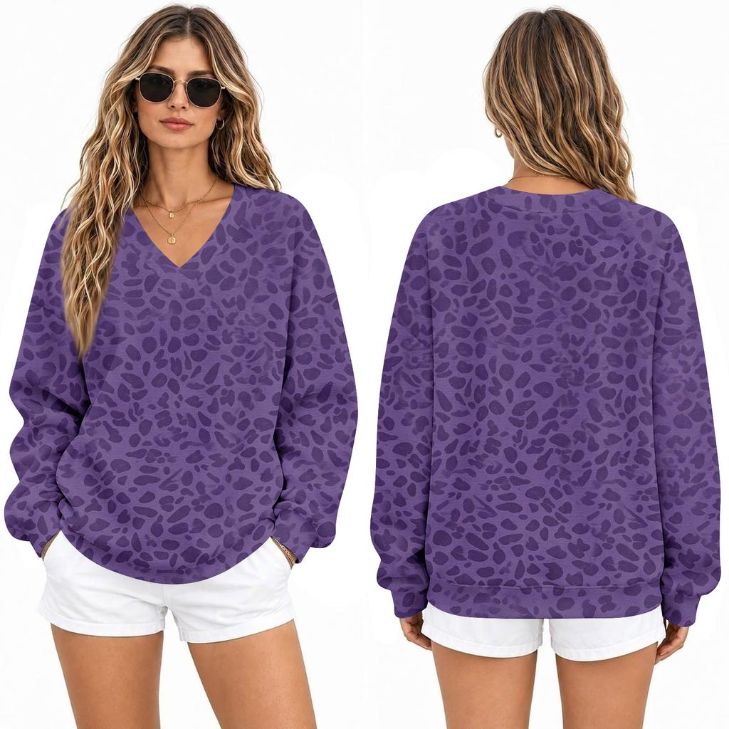 Women's Loose Fit V-Neck Sweatshirt, Comfortable Leopard Print Casual Pullover