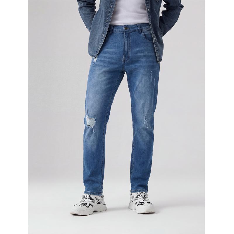 New Men S Jeans Frayed Pants Sky Blue Elastic Leggings Men S Clothing S синий