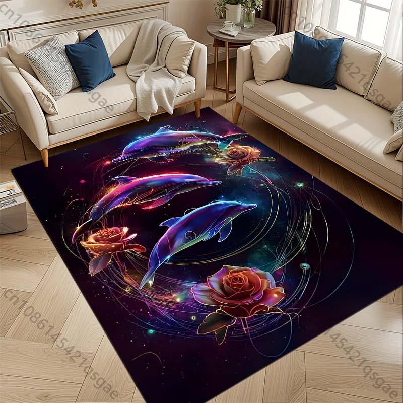 1PC Glowing dolphins and roses Print Carpet Rug for Living Room Bedroom Sofa Doormat Home Decor Non-slip Floor Mat