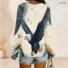 Women Plus Size V Neck Long Sleeve Printed Top Red White Blue Star Striped Curved Hem