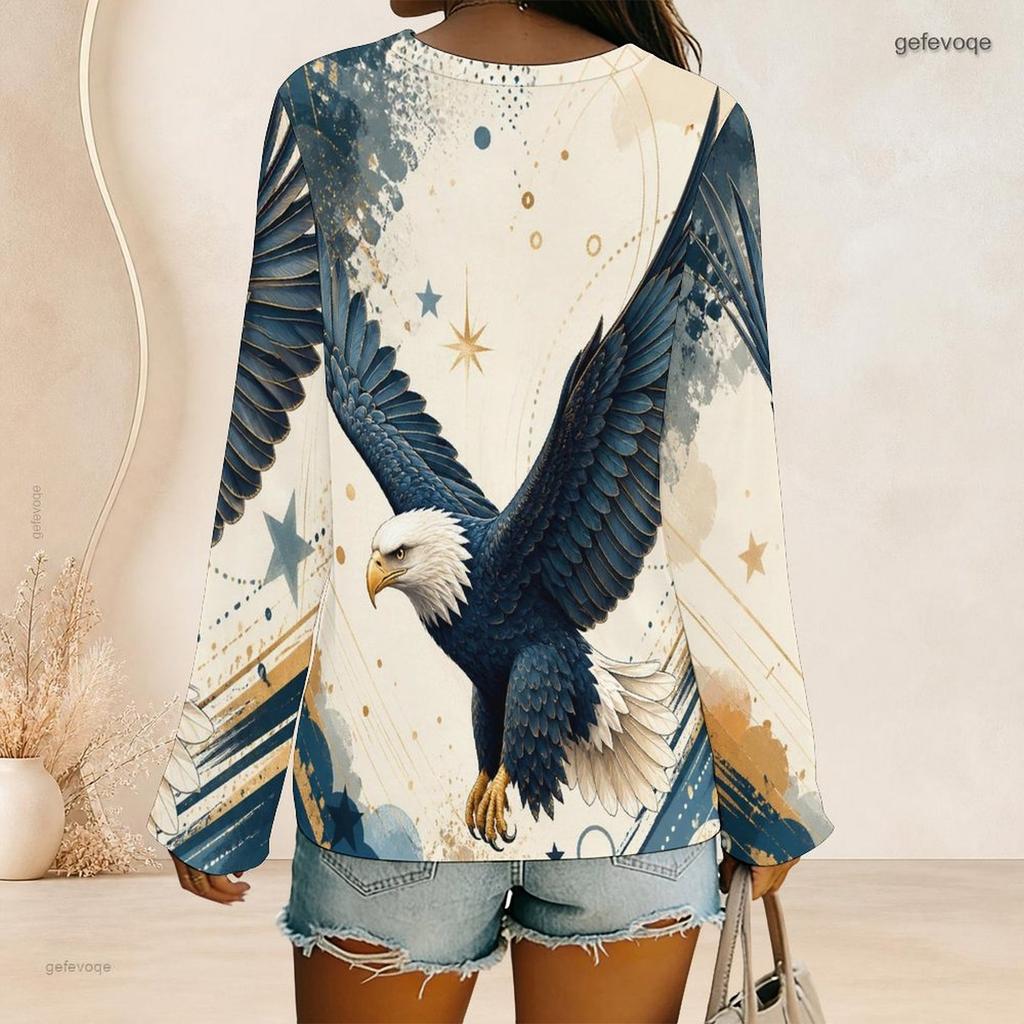 Women Plus Size V Neck Long Sleeve Printed Top Red White Blue Star Striped Curved Hem