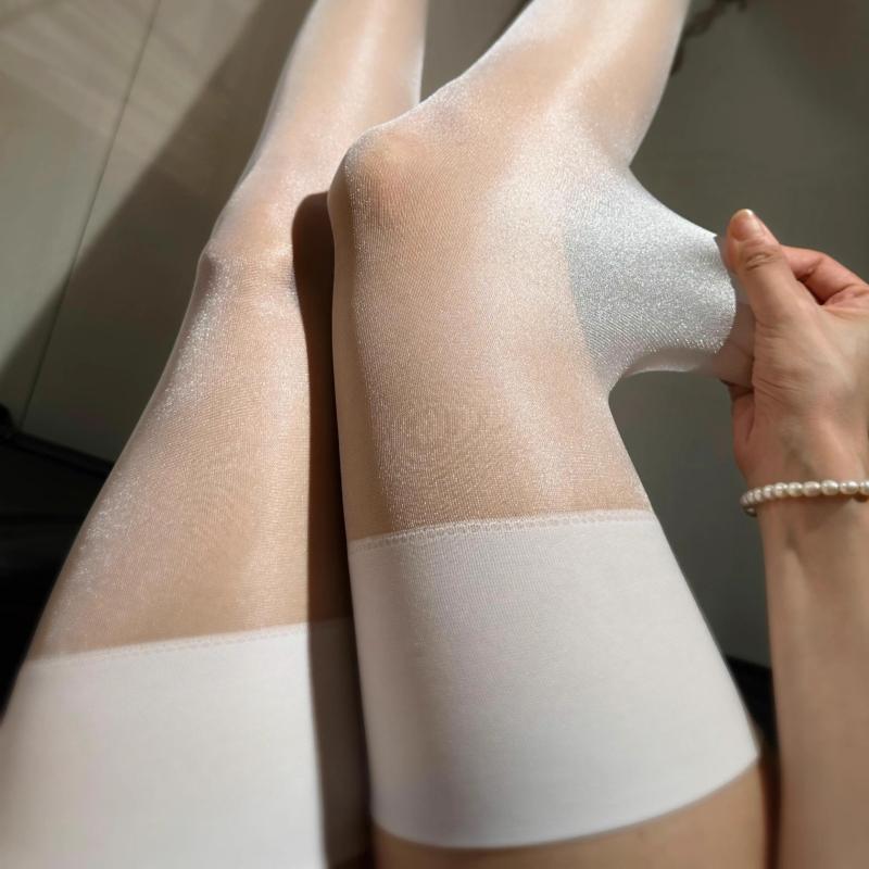 12D Reflective Glitter Ultra Thin Transparent Thigh High Stockings Women Sexy Rib Cut Edge Leg Slim Long Socks Party Clubwear