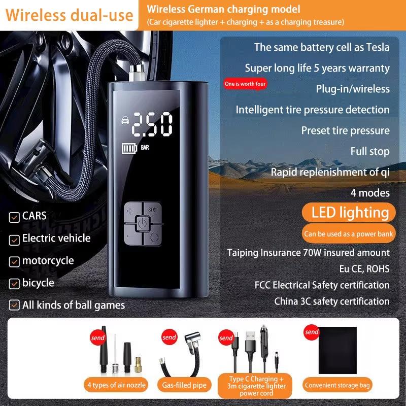 

Интеллектуальный цифровой дисплей 12 В мини портативный автомобильный насос для шин быстрый воздушный насос для шин полный автоматической остановки быстрое накачивание с использованием нанотехнологий Wireless dual-use чёрный