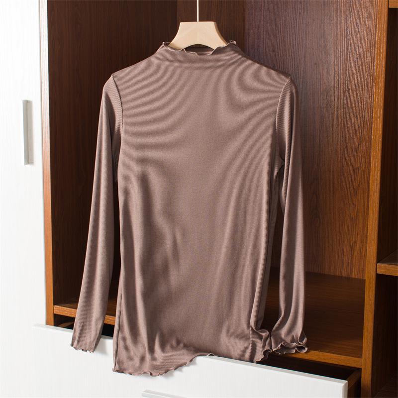 Women's Korean Style Modal Long Sleeve Base Layer T-shirt, Half-High Neck, Plus Size, Thin, Solid Color, Autumn Top