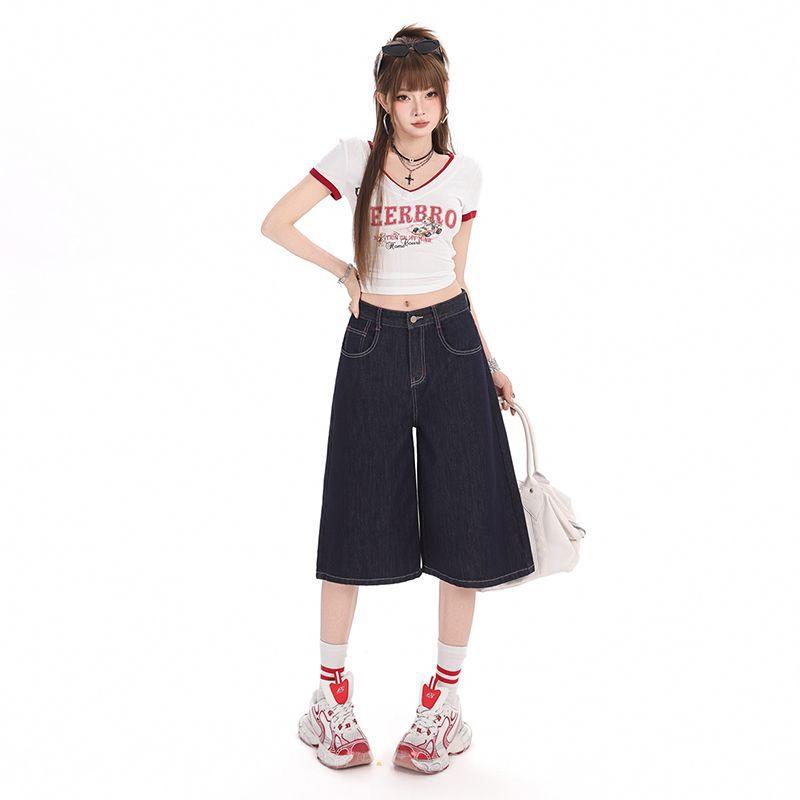 Fashion Denim Dark Blue High Waist Loose Wide Leg Cropped Capri Denim Pants For Women Trendy Versatile Slimming FigureFlattering Casual Capri Trousers