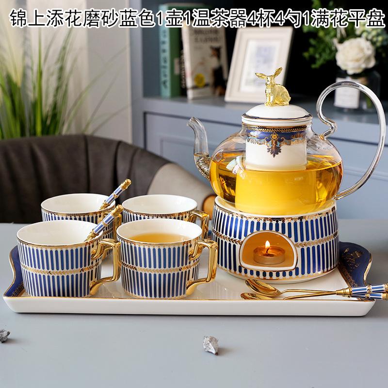 Household Flower Teapot Set, Glass Boiled Fruit Teapot, Ceramic Afternoon Tea Flower Fruit Teacup Tea Set, Candle Heating