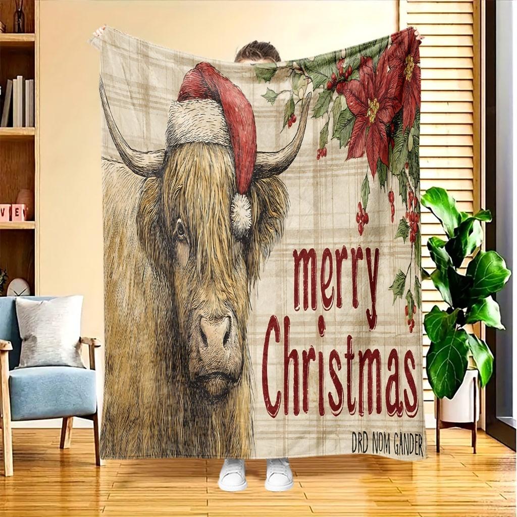 1pc of Festive Year of the Ox Flannel Blanket, High-definition Digital Print, All-season Use, Cooling Blanket, Skin-friendly Soft 100% Polyester, the