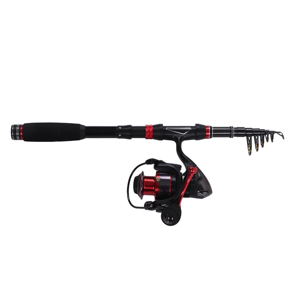 Fishing Rod Set Black Red Carbon Telescopic Fishing Rod GA3000 Spinning Reel with Line Bait Hooks for Saltwater